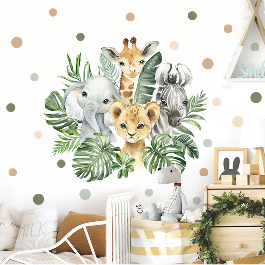 Baby Nursery Elephant - Cartoon Jungle Animals Leaves Watercolor Vinyl