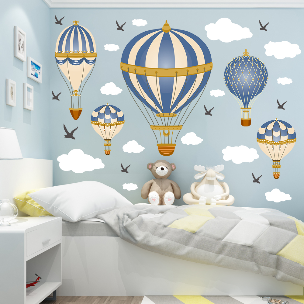 Baby Nursery Wall Stickers - Cartoon Hot Air Balloon Clouds Seagull