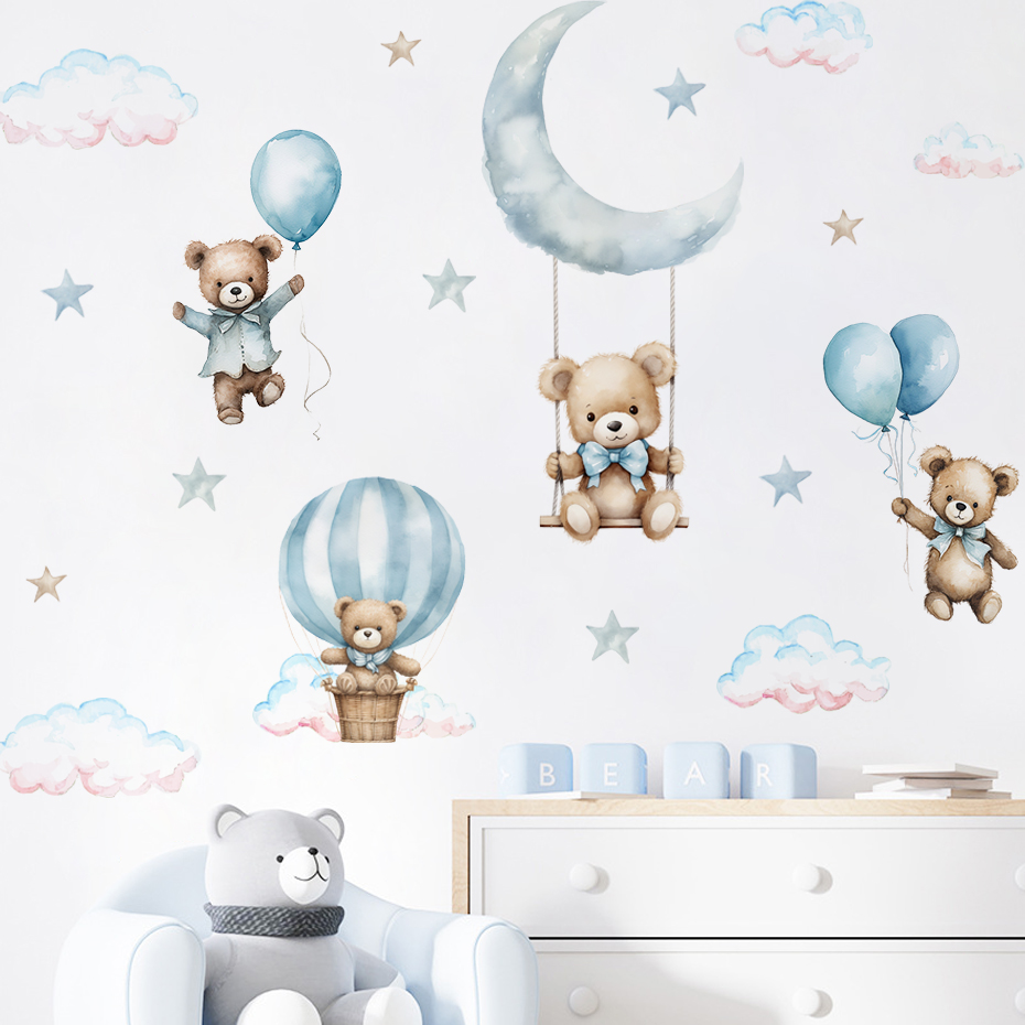 Baby Nursery Wall Stickers - Watercolor Bear Hot Air Balloon Cloud