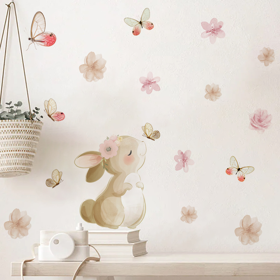 Baby Nursery Wall Stickers - Cartoon Rabbit Flowers Butterfly Wall Sticker