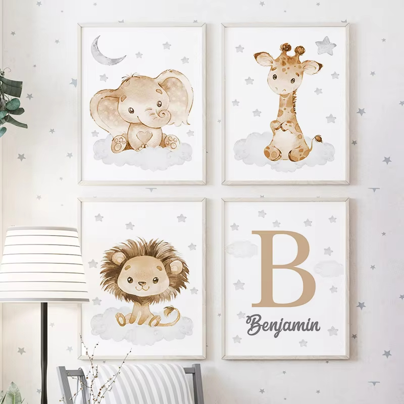 Baby Nursery Elephant - Elephant Giraffe Lion Custom Baby Name