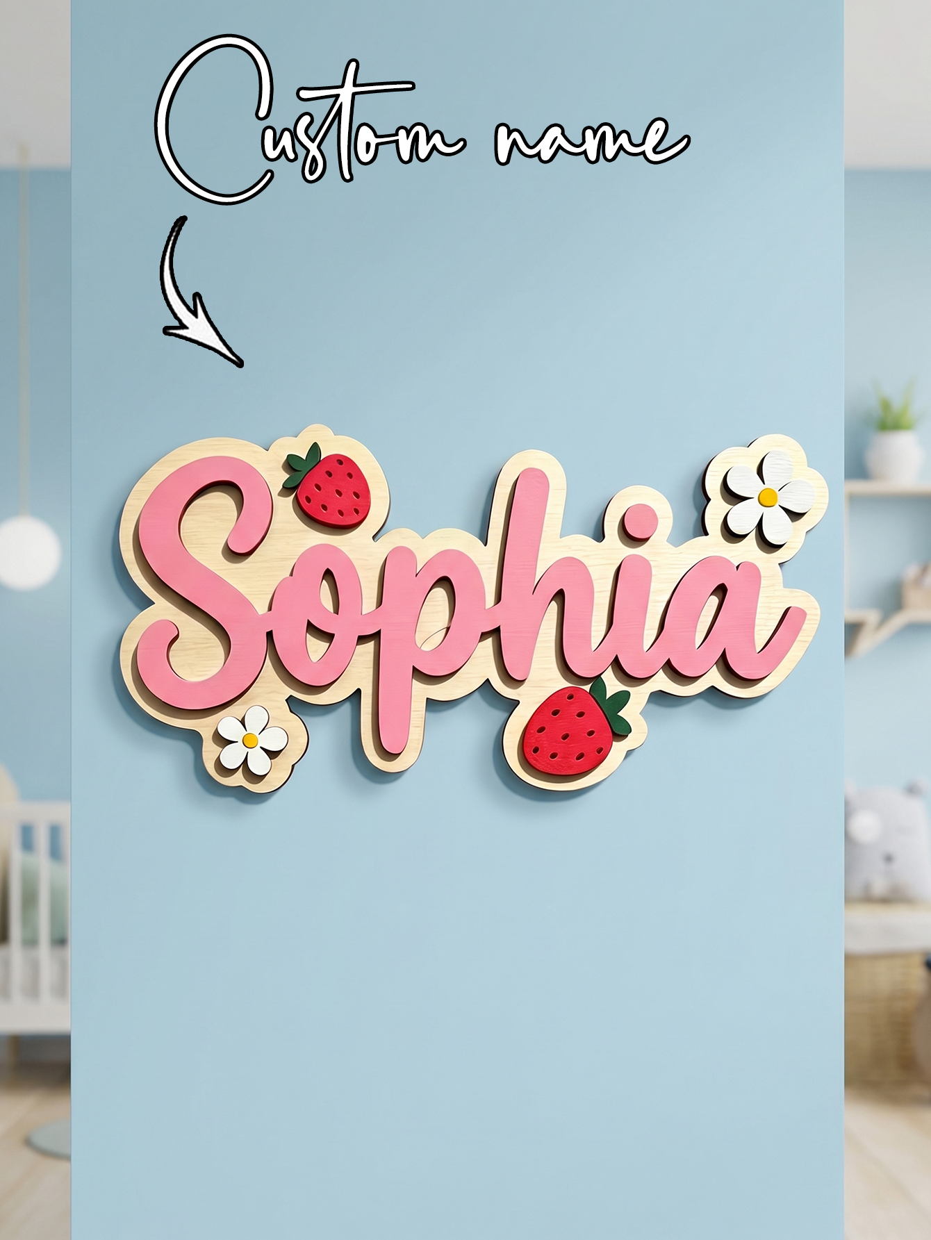 Baby Nursery Name - Custom Name Strawberry Daisy Wooden Name
