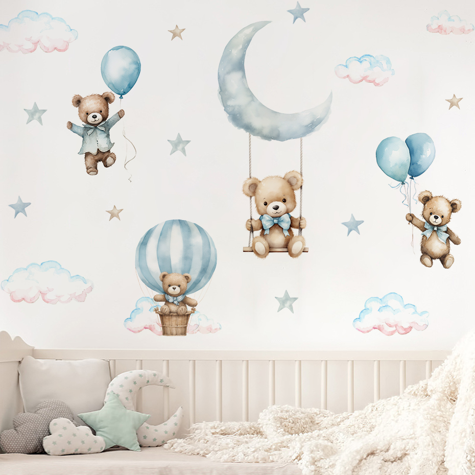 Watercolor Bear Hot Air Balloo - Baby Nursery Wall Stickers ulasan dan harga