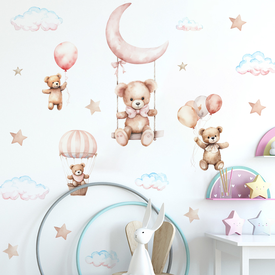 Watercolor Bear Hot Air Balloo - Baby Nursery Wall Stickers ulasan dan harga