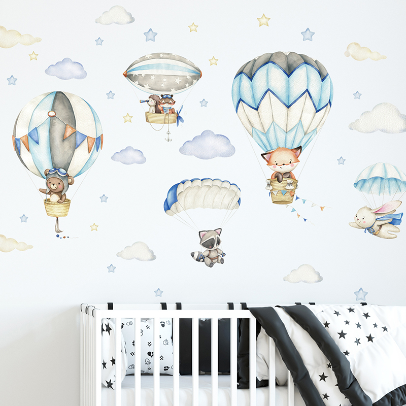 Cartoon Cute Animals Hot Air B - Baby Nursery Wall Stickers ulasan dan harga
