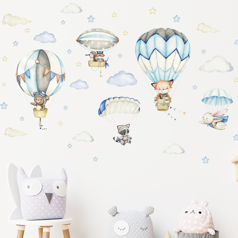 Cartoon Cute Animals Hot Air B - Baby Nursery Wall Stickers ulasan dan harga