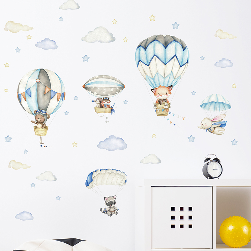 Cartoon Cute Animals Hot Air B - Baby Nursery Wall Stickers ulasan dan harga
