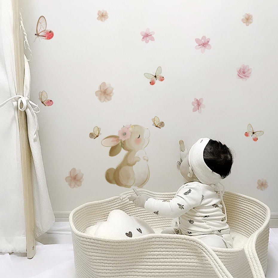 Cartoon Rabbit Flowers Butterf - Baby Nursery Wall Stickers ulasan dan harga