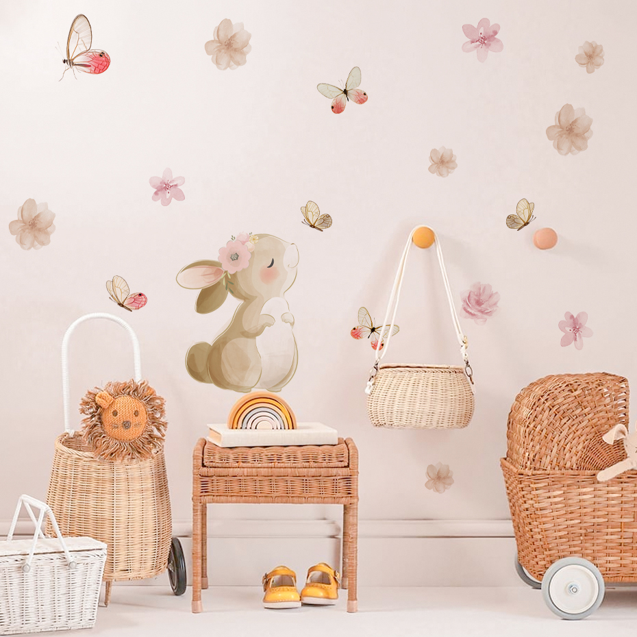Cartoon Rabbit Flowers Butterf - Baby Nursery Wall Stickers ulasan dan harga