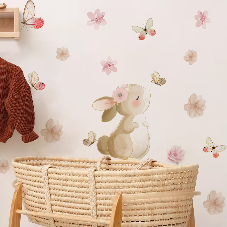Cartoon Rabbit Flowers Butterf - Baby Nursery Wall Stickers ulasan dan harga