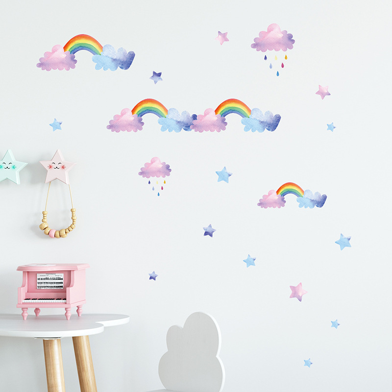 Cartoon Cloud Rainbow Wall Sti - Baby Nursery Mural Wallpaper ulasan dan harga