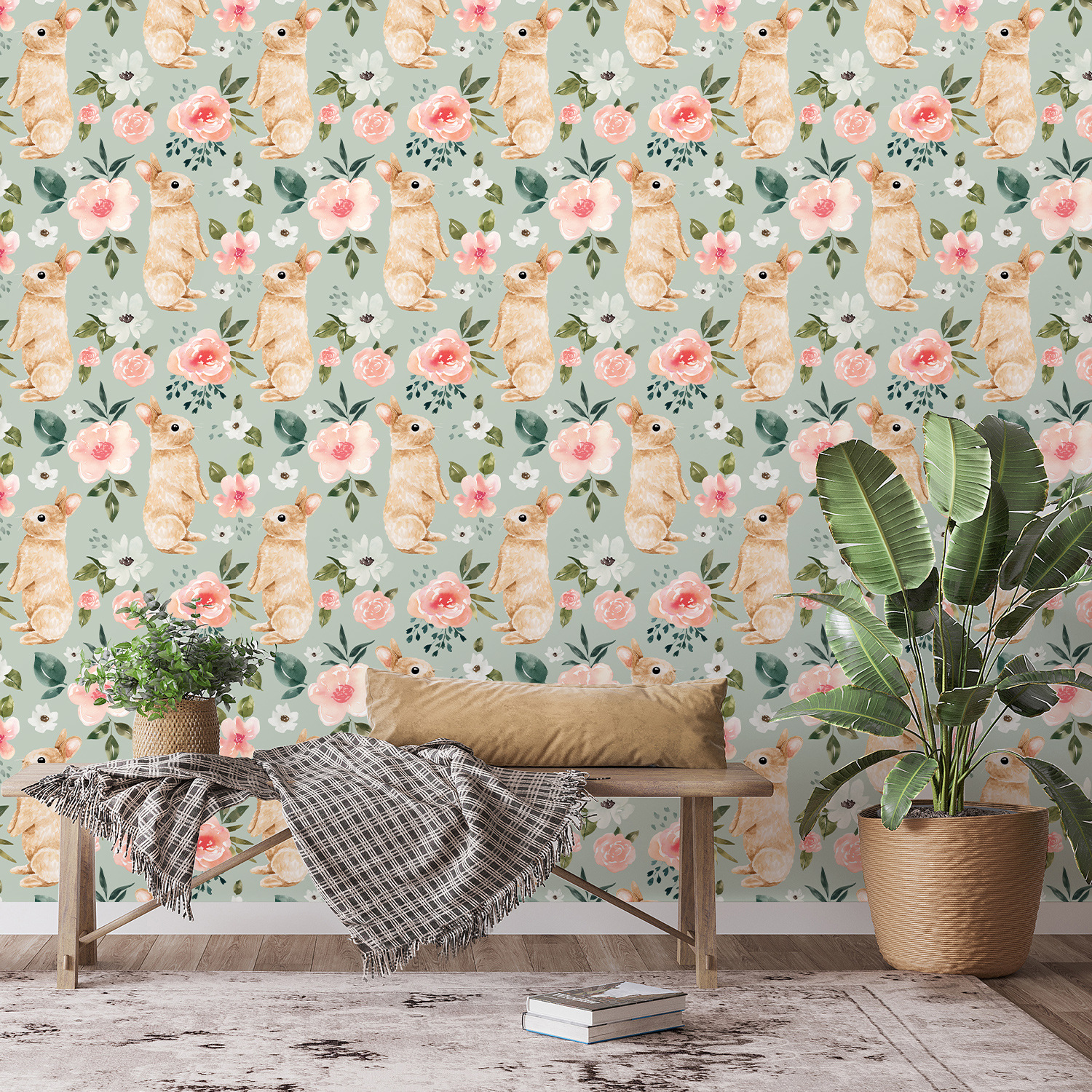 Sage Green Bunny Floral Wallpa - Baby Nursery Pink ulasan dan harga