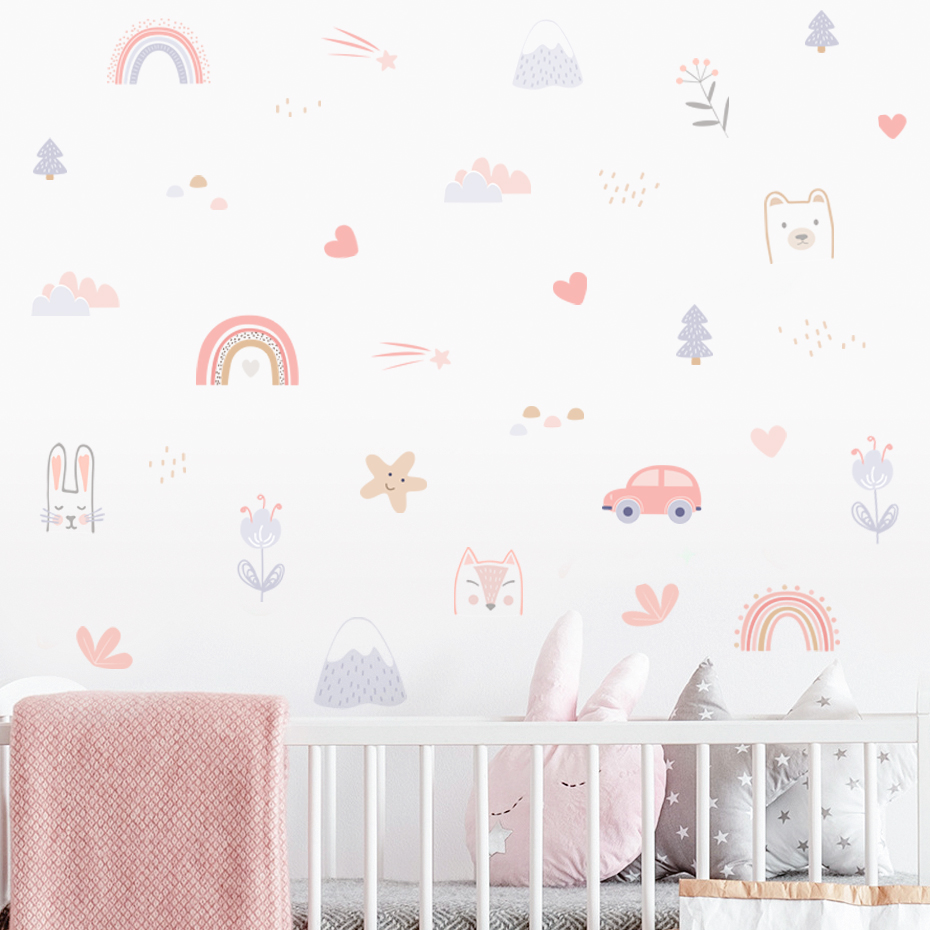Cartoon Rainbow Animals Faces  - Baby Nursery Stickers ulasan dan harga