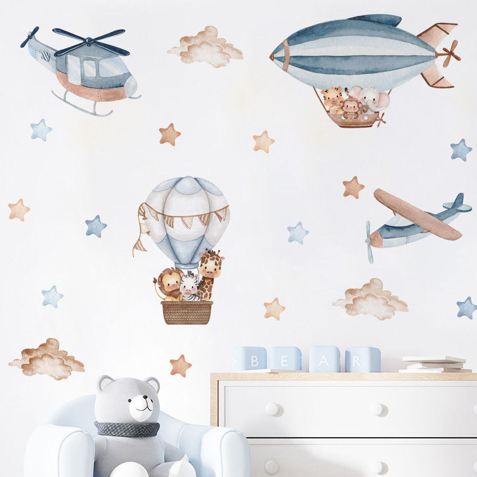 Watercolor Animals Hot Air Bal - Baby Nursery Wall Stickers ulasan dan harga