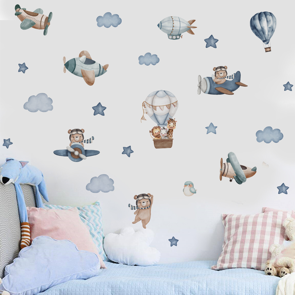 Watercolor Animals Hot Air Bal - Baby Nursery Wall Stickers ulasan dan harga