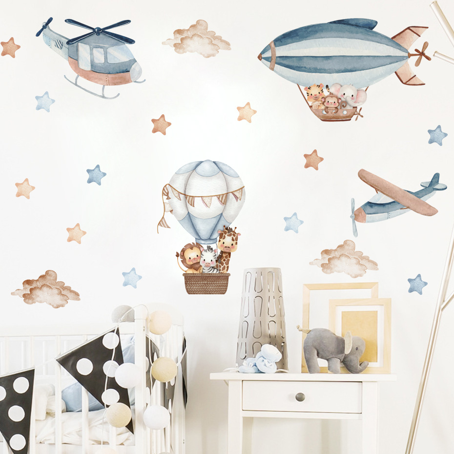 Watercolor Animals Hot Air Bal - Baby Nursery Wall Stickers ulasan dan harga