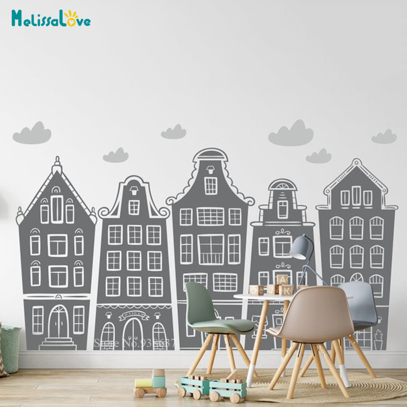 Scandinavian Houses & Clouds D - Baby Nursery Wall Stickers ulasan dan harga