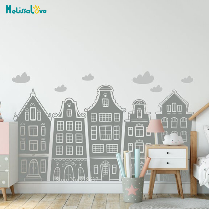 Scandinavian Houses & Clouds D - Baby Nursery Wall Stickers ulasan dan harga