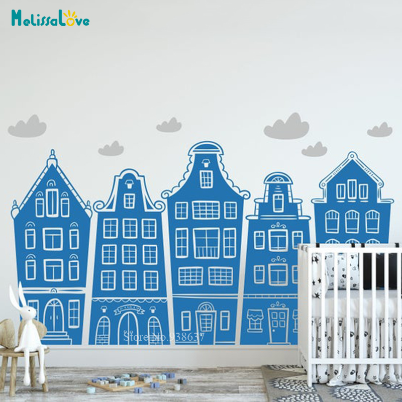 Scandinavian Houses & Clouds D - Baby Nursery Wall Stickers ulasan dan harga