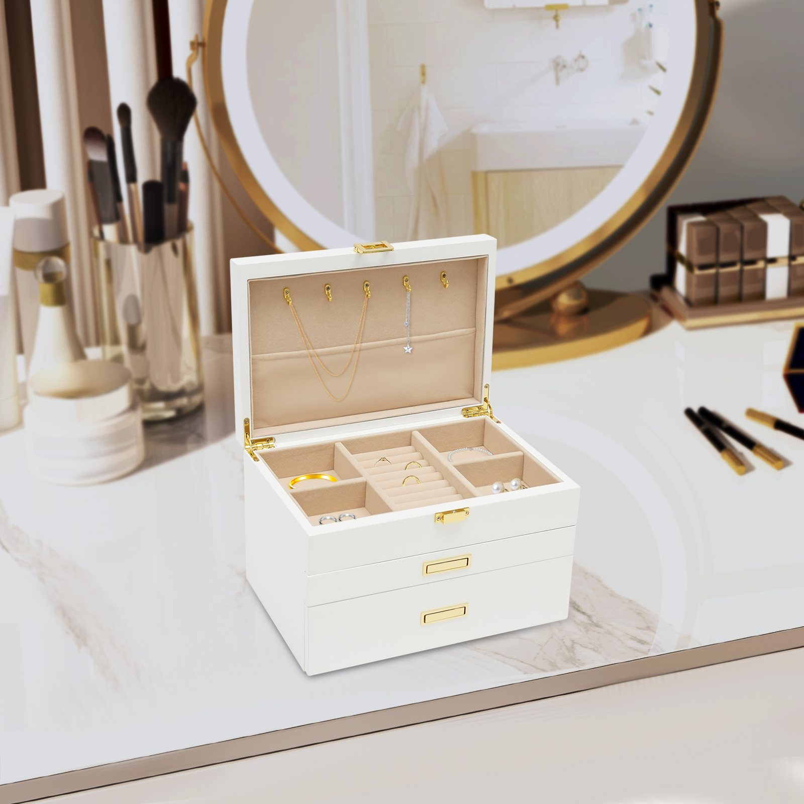 Elegant White Large Jewelry St - Drawer Dresser White ulasan dan harga