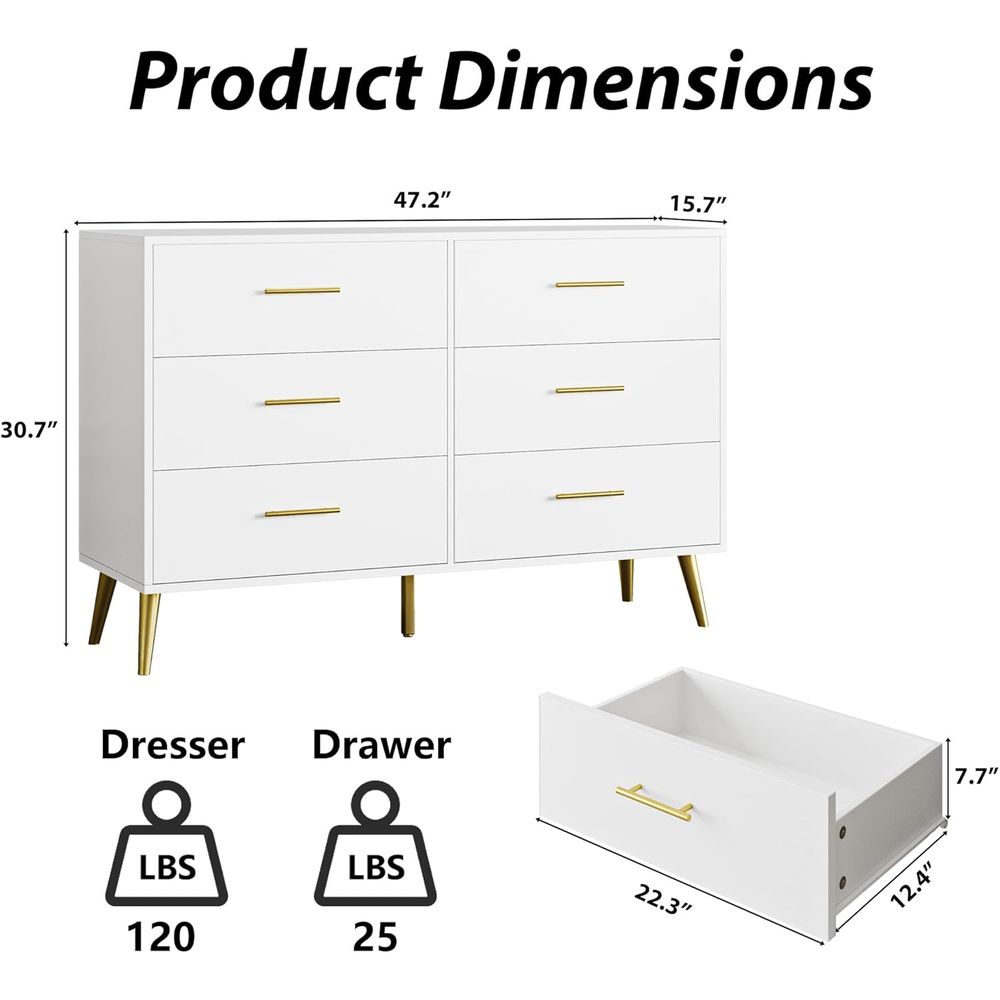 6-Drawer White Dresser with Go - Drawer Dresser White ulasan dan harga